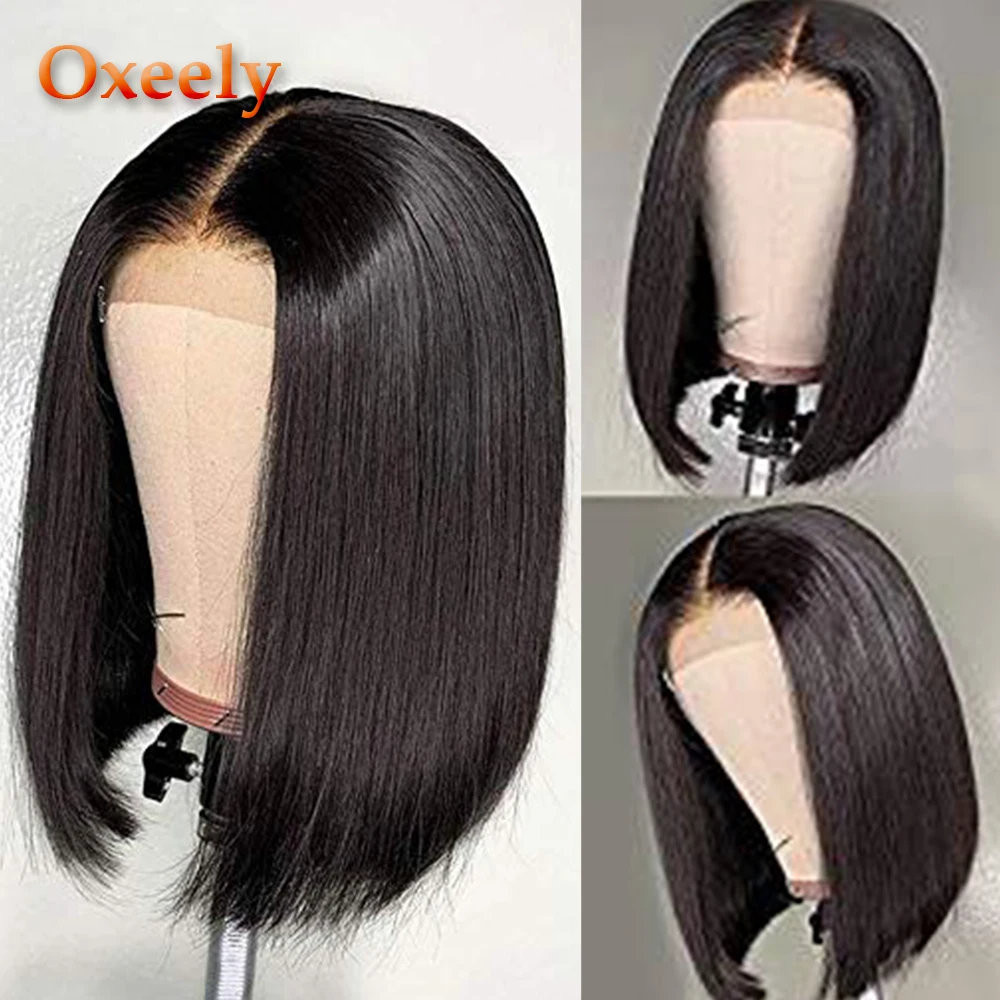 

Oxeely Black Color Bob Hair Wig With Baby Hair Heat Resistant Glueless Short Straight Synthetic Lace Front Wigs for Black Women