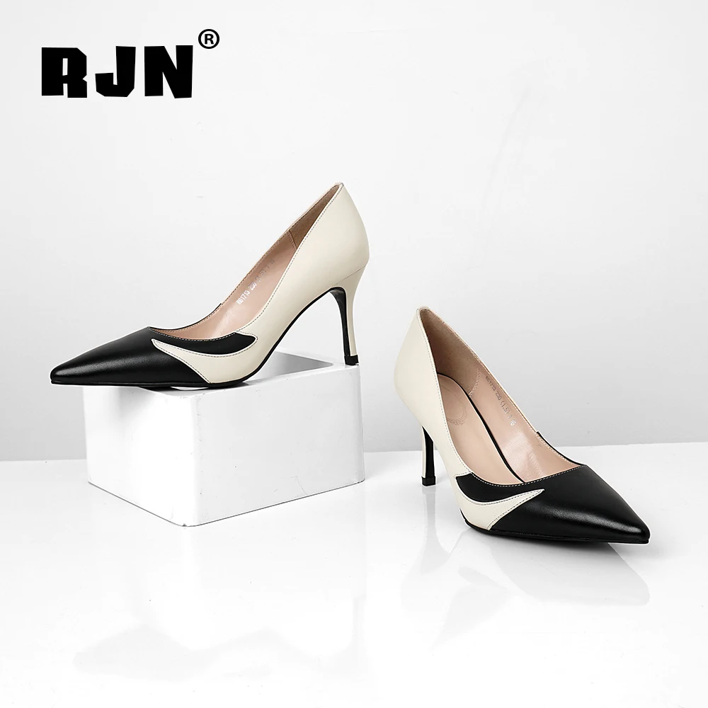 

RJN Classic Pumps Black White Match Strange Patchwork Design Slip-On Pointed Toe High Thin High Heel Fashion Women Pumps RO21