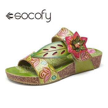 

SOCOFY Women Bohemia Style Cowhide Shoes Floral Wedge Casual Beach Outdoor Slippers Ladies Slip-on Opened Toe Sandals 2020