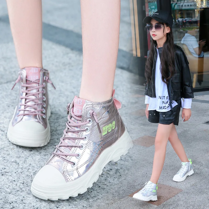 

Girls Martin Boots 2019 New Style British-Style Wind Big Kid Spring And Autumn Children Students Black And White with Pattern Bi
