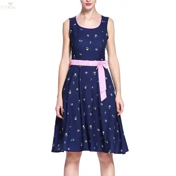 

New Floral Dress Casual Sweet Party Women Dress With Sashes Printed O-neck A-line Vintage Dress Elegant Sleeveless Retro 50s 60s
