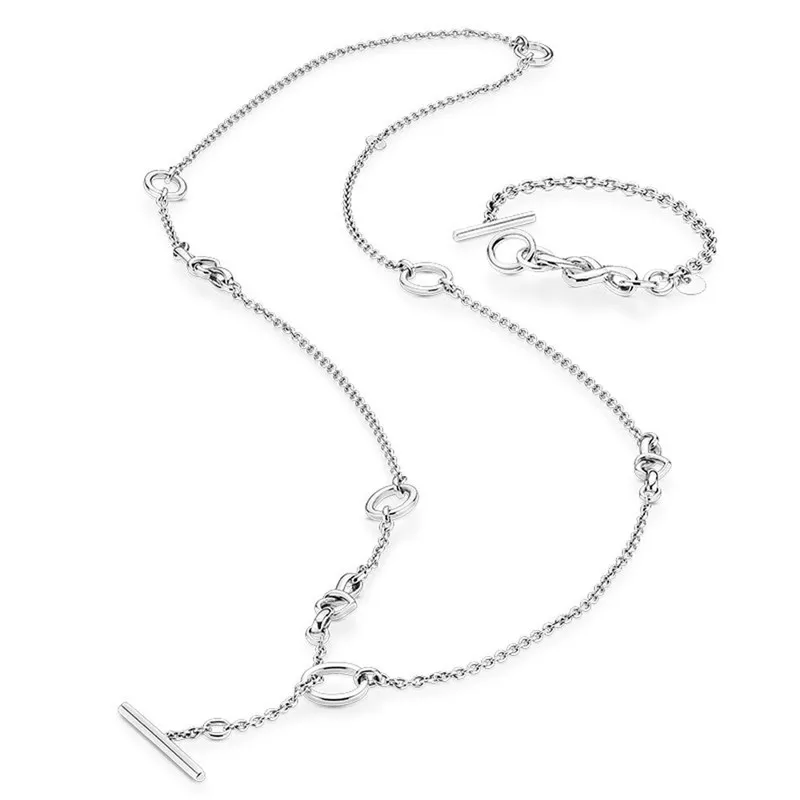 

Authentic 925 Sterling Silver Pans Knotted Hearts Necklace and Bracelet Gift Set Original For Women Birthday Party Jewellery
