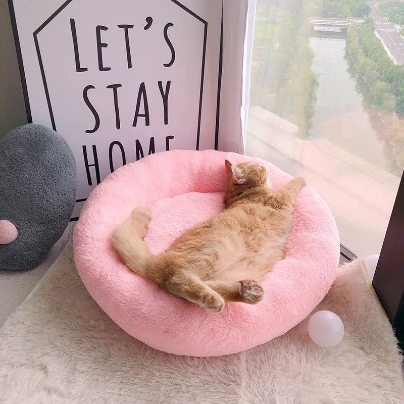 Розовый Роскошный искусственный мех пончик Cuddler круглый пончик кошка и собака подушка кровать САМОНАГРЕВАЮЩАЯСЯ водостойкая нижняя подушка кровать питомник - Цвет: Розовый