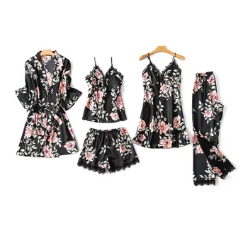 

5PC Sexy Lace Satin Robe Bathrobe Trousers Shorts Lingerie Set Pajamas Sleepwear сексуальный халат