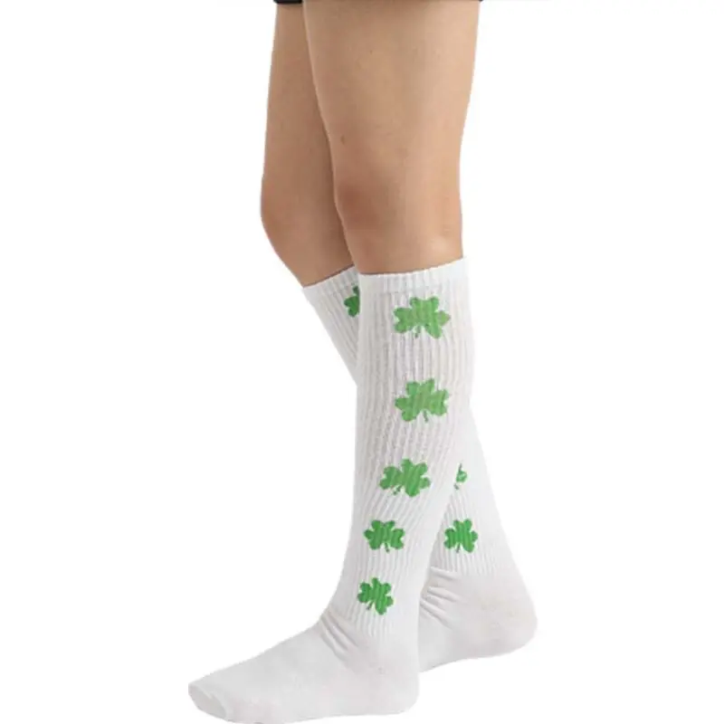 

Women Men Ribbed Knit Cotton Knee High Socks Rainbow Clover Print Sport Hosiery