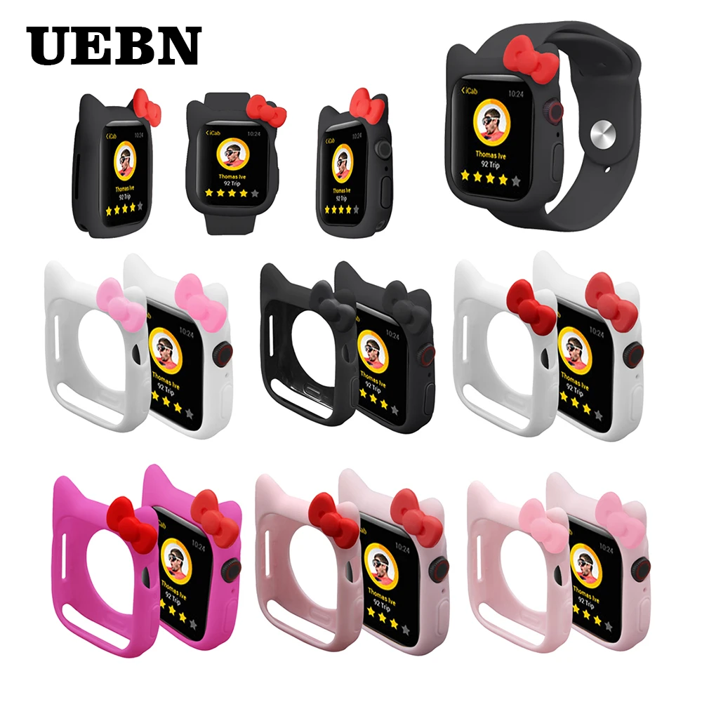 UEBN часы Hello Kitty чехол силиконовый мягкий чехол для iWatch серии 4 чехол для Apple Watch 40 мм 44 мм милый чехол с ушками Kitty