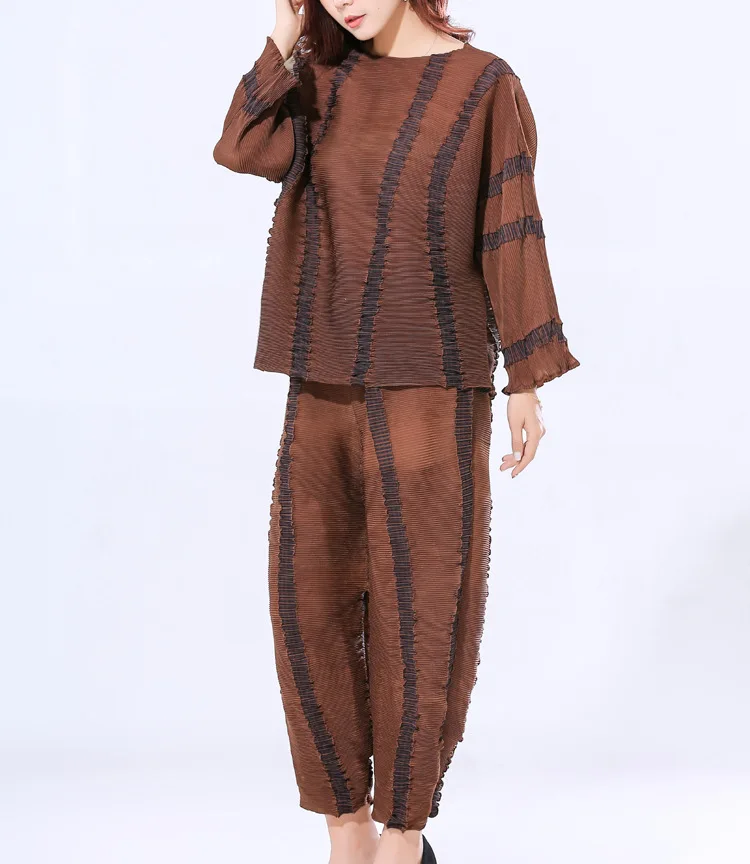 MIYAKE Fold костюм дизайнерский дизайн футболка с длинными рукавами+ свободные семипроцентные широкие брюки комплект