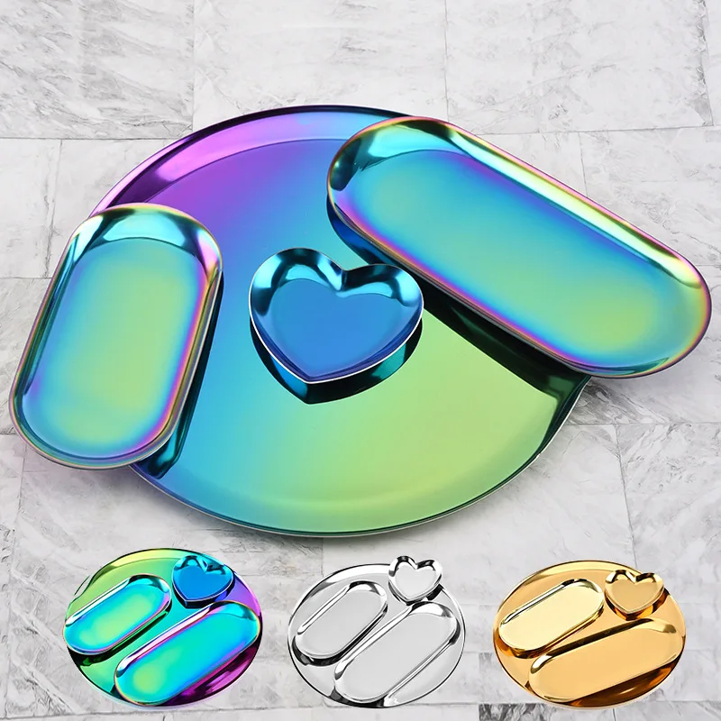

4Pcs/set Stainless Steel Storage Tray Oval Heart-shaped Circle Tray Snack Fruit Cosmetics Jewelry Trays Decorative