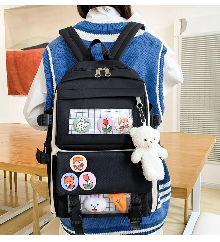 2021 New 4 Pcs Set Kawaii Women's Backpack Purple Colours Cute Canvas School Bags for Teenage Girls College Student Kids BookBag