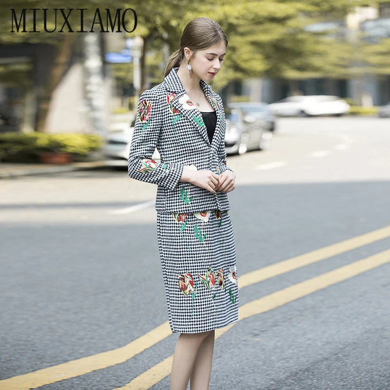 MIUXIMAO, лучшее качество, осень, офисный женский костюм-двойка, элегантный топ с длинным рукавом, роскошный цветочный принт, вышивка, костюмы для женщин, Vestido