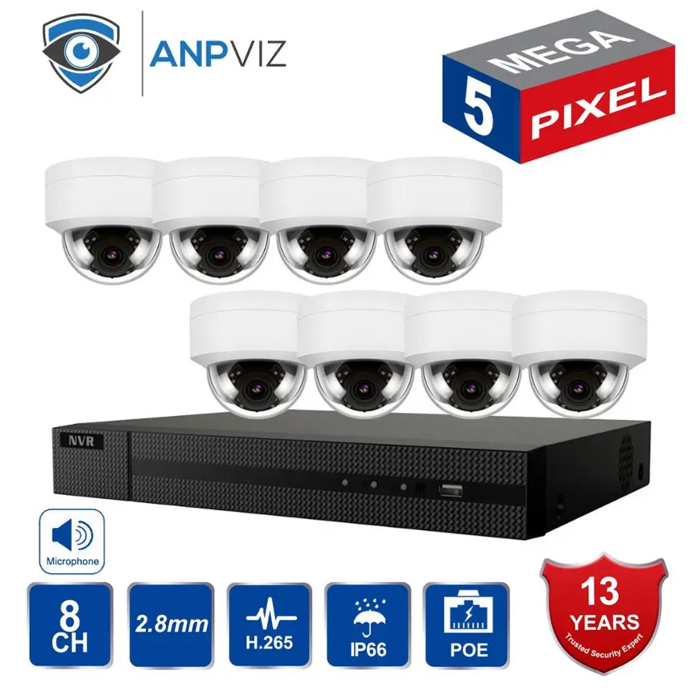 Anpviz 8CH H.265+ NVR 5MP наружная безопасность POE IP купольная камера CCTV система комплект аудио запись ip-камера видеонаблюдения NVR комплект - Цвет: 8 White Domes