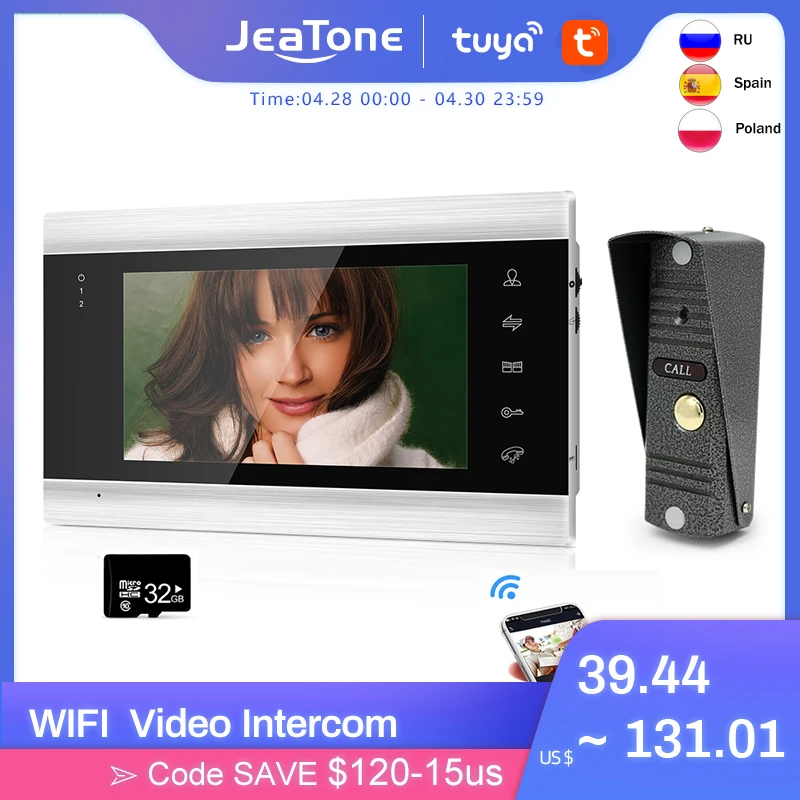 Jeatone-videoportero inteligente Tuya de 7 pulgadas, intercomunicador con WIFI, llamada inalámbrica, Monitor para el hogar, timbre de puerta de entrada con cámara para exteriores