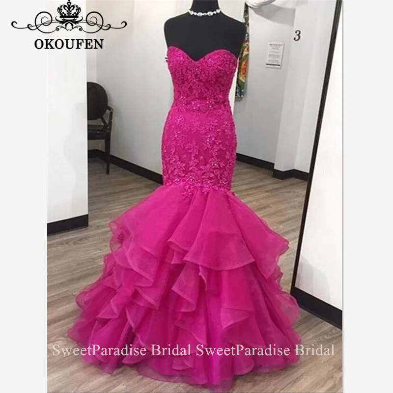

Chic Appliques Beads Evening Dress For Women Fuchsia Organza Long Tiered Ruffles Mermaid Prom Dresses Robe De Soiree