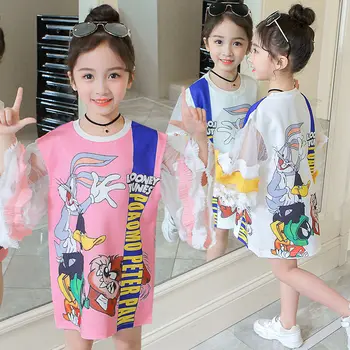 

Summer girls dress baby tee dress kids fashion streetwer Children vestido cartoon duck rabbit print mesh puff sleeve 3 to 14 yrs