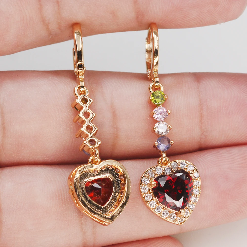 Luxury Drop Earrings for Women's Dangle earrings Gold Filled Earring with heart redZircon Trendy Jewelry for Wedding accessories