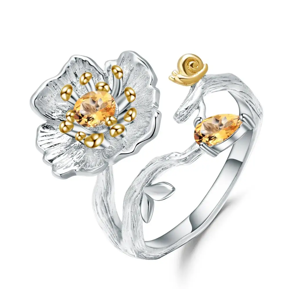 

GEM'S BALLET 0.65Ct Natural Citrine Gemstone Ring for Women Wedding 925 Sterling Silver Handmade Blooming Poppies Flower Rings