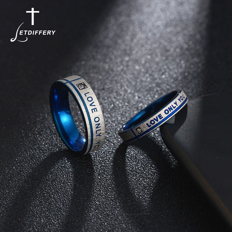 Letdiffery 1 Pair Stainless Steel Wedding Rings For Men Women Blue LOVE ONLY YOU Promise Couple Ring Engagement Gift