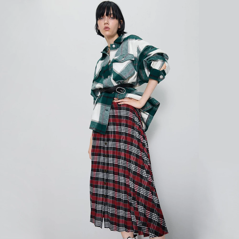 ZA Skirt New Boho Elegant Beauty Red Plaid Pockets Casual Straight Long Skirt Women Fashion Sexy Party Holiday Wholesale