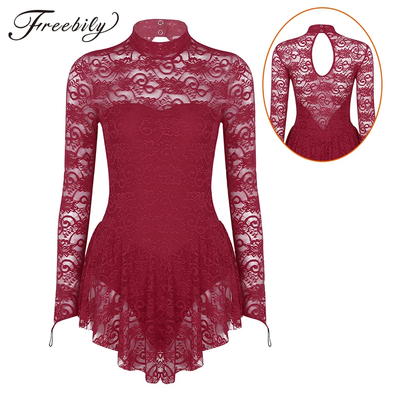 Adult Mock Neck Long Sleeve Soft Lace Ballet Gymnastics Leotard Women Figure Ice Skating Dress Competition Dance Costume