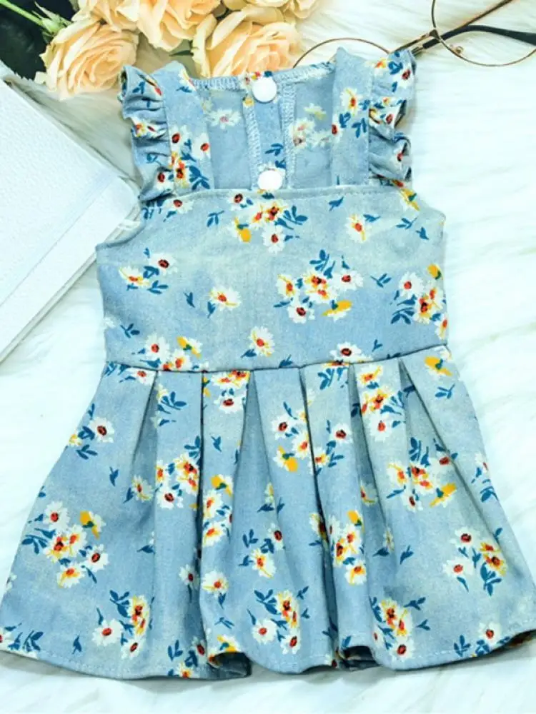 Dog Clothing with Floral Printed Dog Cat Denim Daisy Sling Skirt Breathable Summer Skirt for Teddy Pug Pet Apparels, 5 Sizes