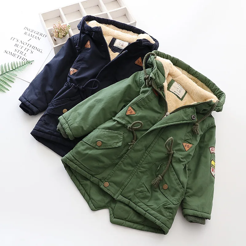 

Boys Cotton-padded Clothes Middle Long Coat Big Boy Labeling Pattern Waist with Drawstring Brushed And Thick Warm Cotton-padded