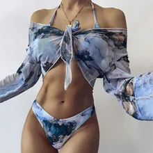 

Long Sleeve Chiffon Bikini Swimwear Women Three Pieces 2022 Swimsuit Female Summer Sexy Bathing Suit Brazilian Biquini Set#H