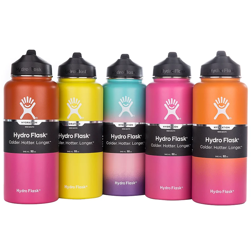 Comprar Hidro matraz 18 oz 32 oz 40 oz vaso matraz aislado al vacío botella de boca ancha de agua de acero inoxidable al aire libre botella de deportes