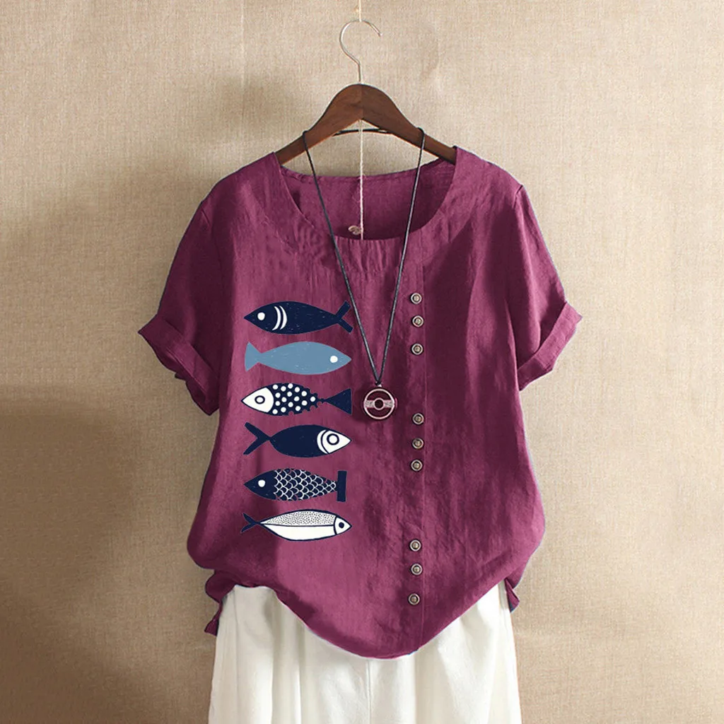 Feitong Женская Повседневная Туника с круглым вырезом и принтом рыбы, свободная рубашка блузка Топы camisas mujer chemise femme