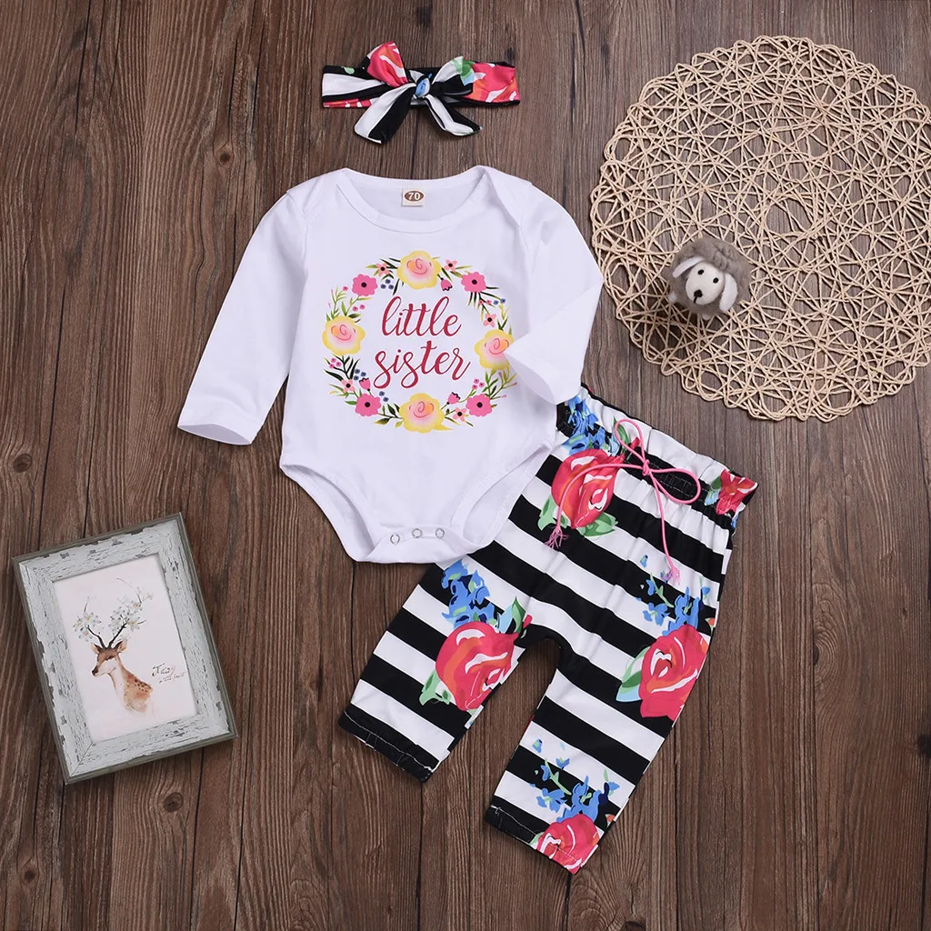 Комбинезон для новорожденных девочек топы с цветочным принтом штаны в полоску