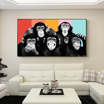 

Five Chimpanzees and Baboons Animal Wall Art Canvas Painting Wall Art for Living Room Home Decor (No Frame)