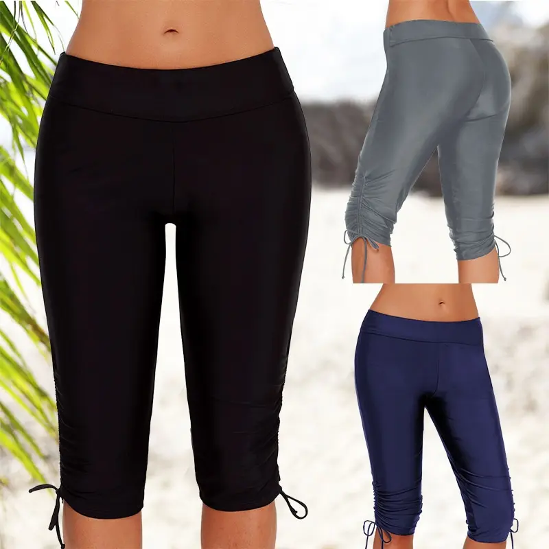 

2019 Women Swim Bottom Solid High Stretchy Side Drawstring Tie Rashguard Pants Boardshort Sexy Beach Wear