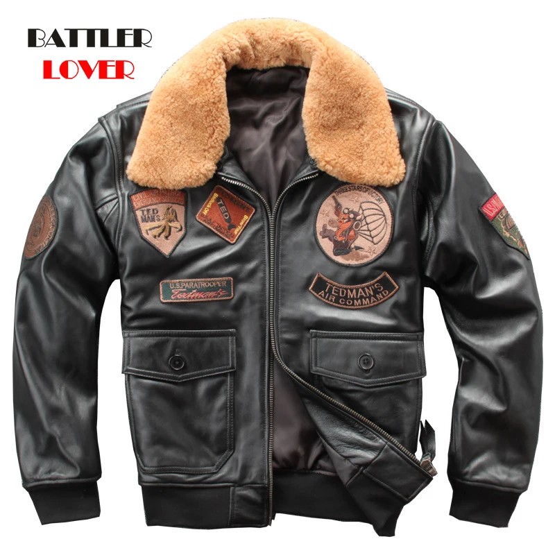 2020 militaly air force flight jacket wool collar genuine leather jacket men winter black sheepskin coat pilot bomber jacket