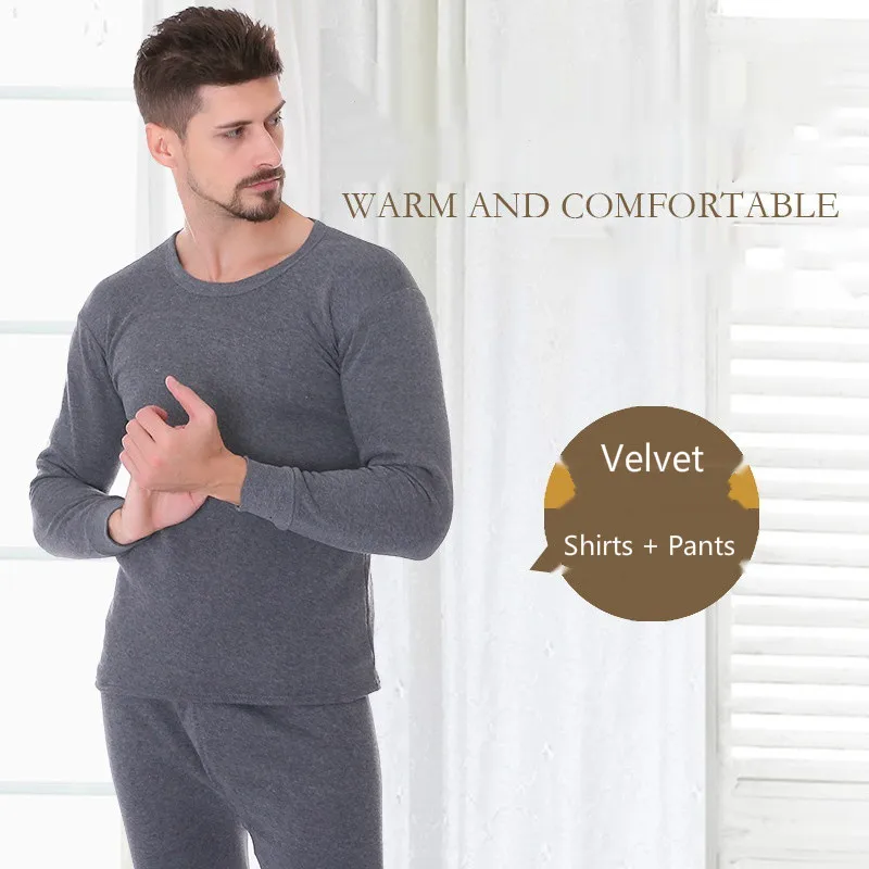 Men Traceless Thermal Underwear Set Autumn Clothes Long Johns V-neck Ground Plush Comfortable Bottoming Suit wool long johns