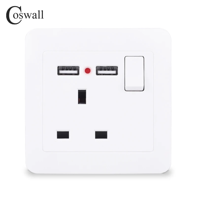 Coswall 13A Универсальный 3-контактный розетки/Британский Великобритания Стандартный выход переключается с 2.1A двойной зарядка через usb Порты и разъёмы светодиодный индикатор - Тип: UK Standard