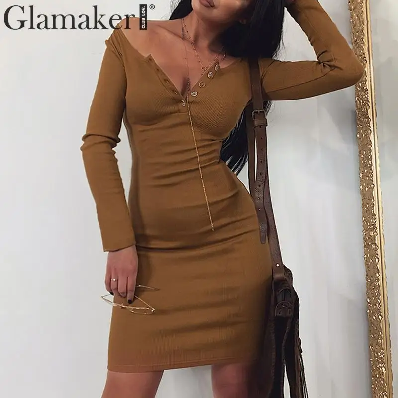 Brown Glamaker, трикотажное одноцветное облегающее платье с квадратным вырезом, женское элегантное мини-платье с длинным рукавом, женское осенне-зимнее Клубное сексуальное платье - Цвет: Brown