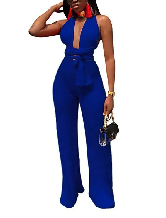 

Women Sexy Deep V Neck Club Party Bandage Jumpsuits Female Lace Up Bodycon Rompers 2019 Summer Sleeveless Solid Wide Leg Pants