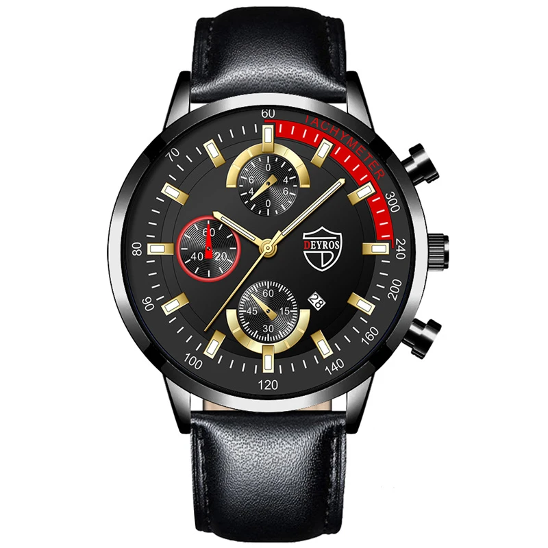 Luxury Mens Leather Watches Stainless Steel Fashion Calendar Quartz Wrist Watch Leather Bracelet Male Business Luminous Clock 