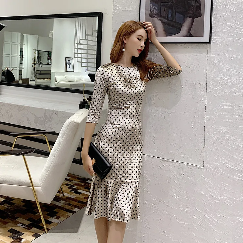 Sexy Party Bodycon Mermaid Dresses Women Three-quarter Sleeve O Neck Dresses Office Dot Print Vintage Bandage Velvet Dress