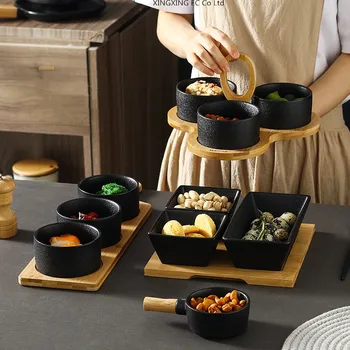

Japanese Tableware Snack Plate Black Frosted Ceramic Bowl Snack Dish Creative Household Round Wooden Board Grid Nut Dish Tray