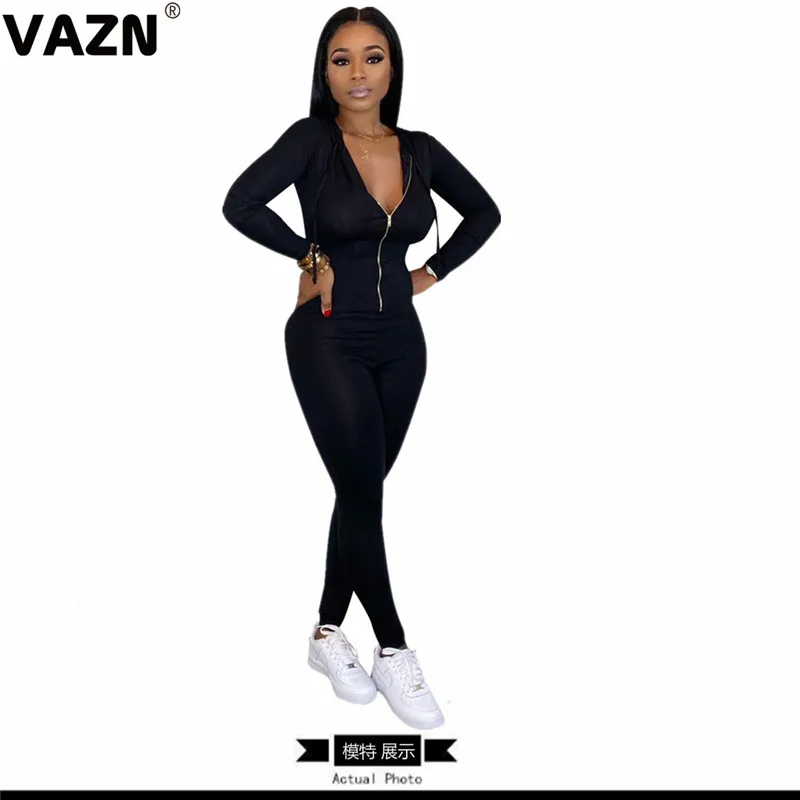 VAZN,, сексуальный, для снижения возраста, свободный, мягкий, модный, однотонный, с капюшоном, длинный рукав, для женщин, на молнии, эластичный тренировочный костюм, Длинные Комбинезоны