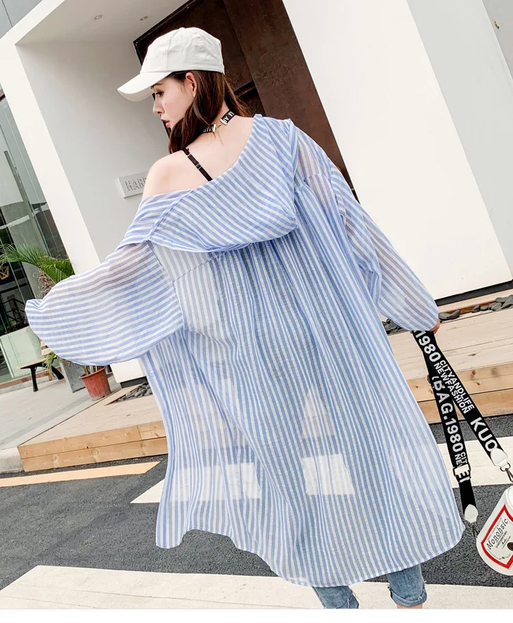 Spring And Summer New Style Korean-style Loose-Fit BF Mid-length Striped Shirt Hooded Sunscreen Coat Thin Coat