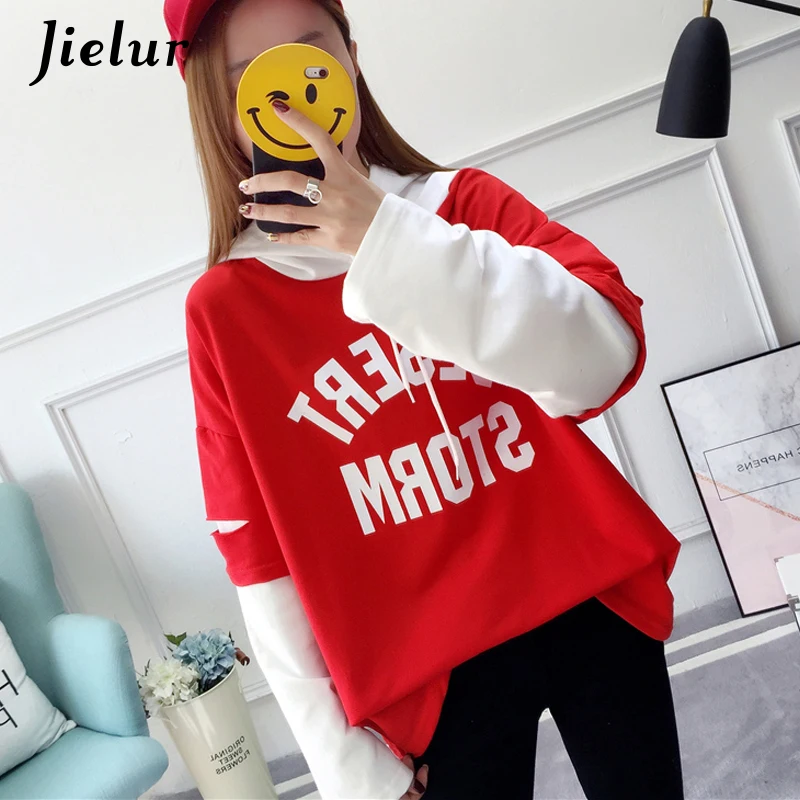 Jielur письмо с фальш-вставкой тонкая толстовка женская M-XXL хит Цвет осенний