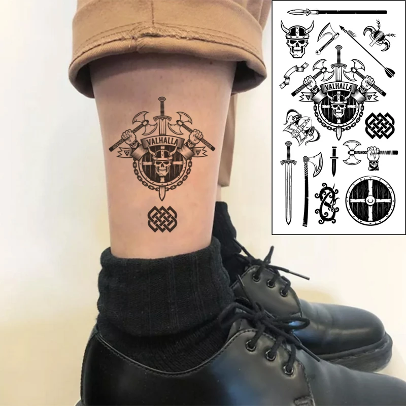 Tatouage Autocollant Temporaire Etanche Crane De Guerrier Totem Dragon Ax Epee Lettre Valhalla Flash Tatouage Faux Tatouage Pour Hommes Femmes Aliexpress