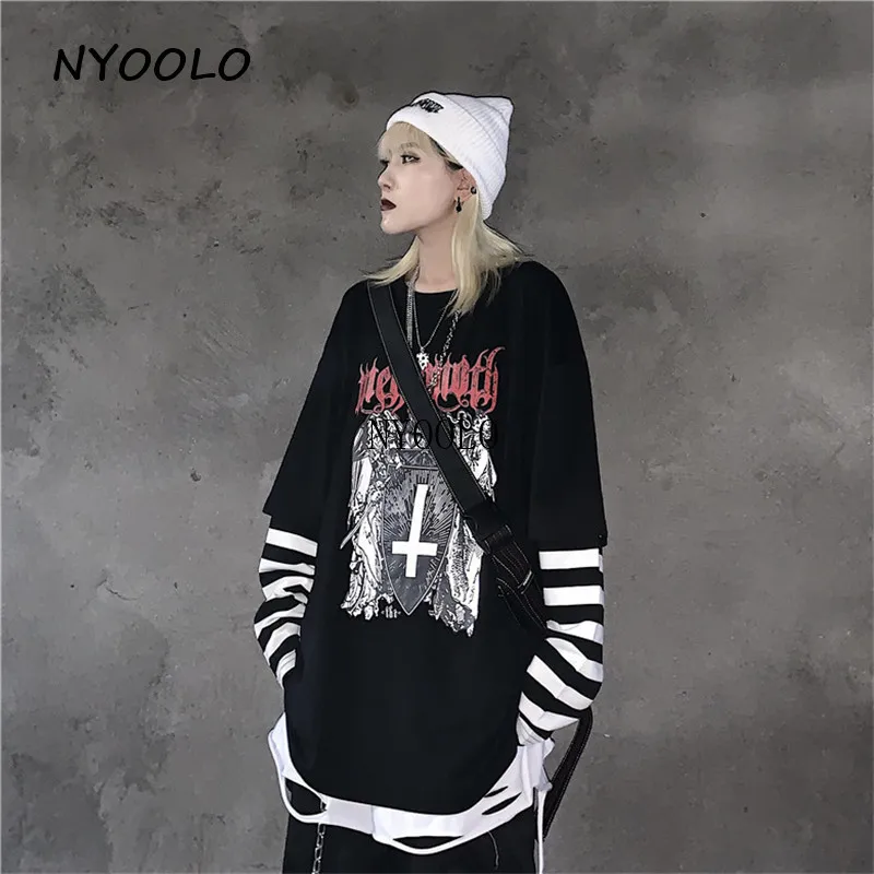 NYOOLO Harajuku стиль Винтаж крест полосатый Поддельные 2 шт. Лоскутные Топы осень уличная свободная футболка с длинными рукавами для женщин и мужчин