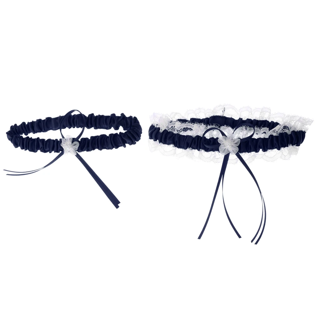2Pcs Rustic Bridal Wedding Garter Floral Stretch Bridal Lace Satin Bowknot Thigh Ring Soft Socks Hen Party Lace Pearls Garter