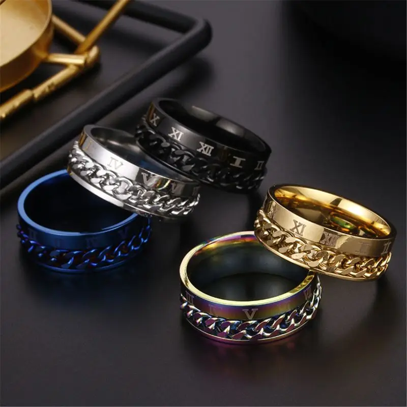 

EDC Finger Fidget Spinner Stainless Steel Chain Rotatable Ring Men Classical Rome Digital Power Sense Gift Y51E