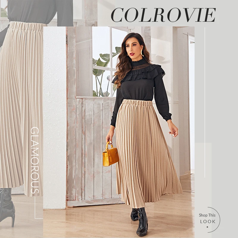 COLROVIE, однотонная, плиссированная, эластичная талия, длинная юбка для женщин, осень, женская, миди юбка цвета хаки, высокая талия, элегантные юбки
