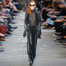 Новая мода, дизайнерские брюки, костюм, набор, женский элегантный темно-серый бархатный блейзер, куртка и широкие брюки, наборы