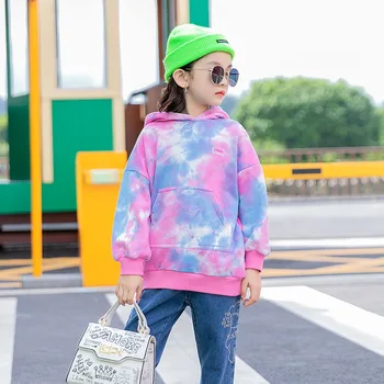 

Baby Girls Pink Tie Dye Hoodies Teenage Girl Long Sleeve Hooded Sweatshirts Pullover Tops Autumn Toddler Kids Korean Hoodie Teen