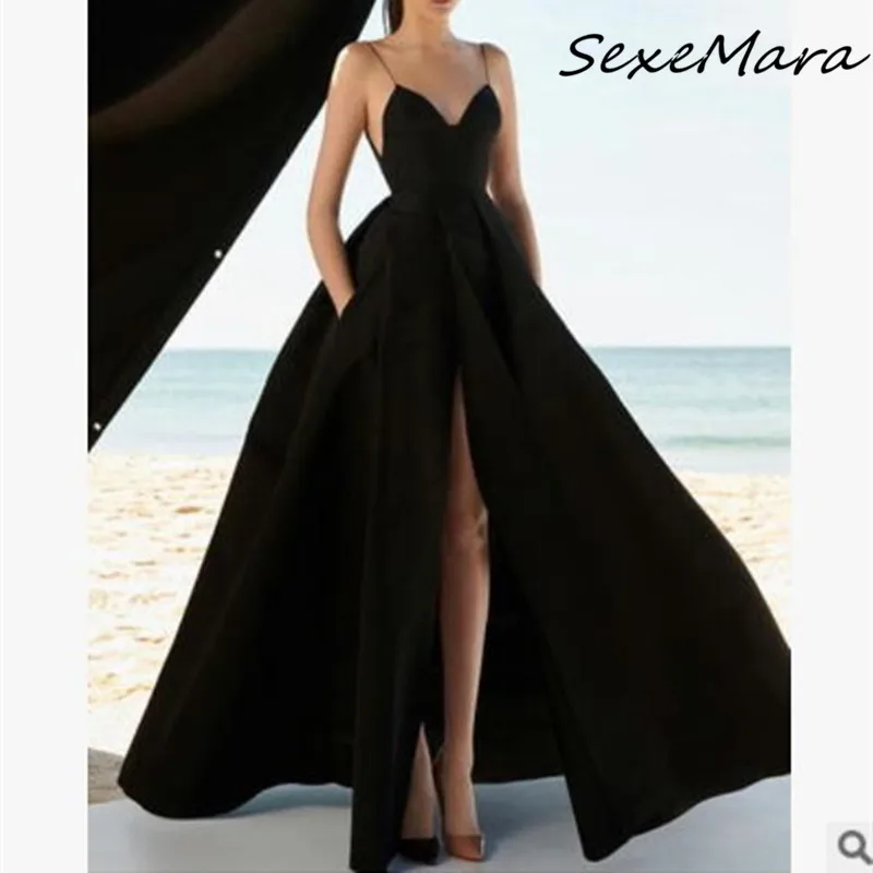 

2019 Summer Elegant Spaghetii Strap Sexy Women Dress V-neck Pockets Maxi Dress for Party Night